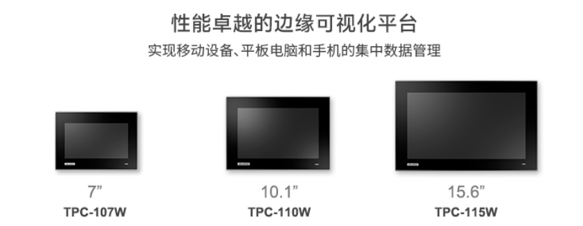 TPC - 100W 系列功能丰富，涵盖显示器尺寸为 7"、10.1"、15.6"和 21.5" 的工业面板电脑。