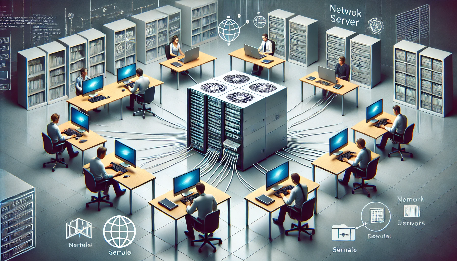 Office with employees connected to a central terminal server, illustrating shared resources and remote access.