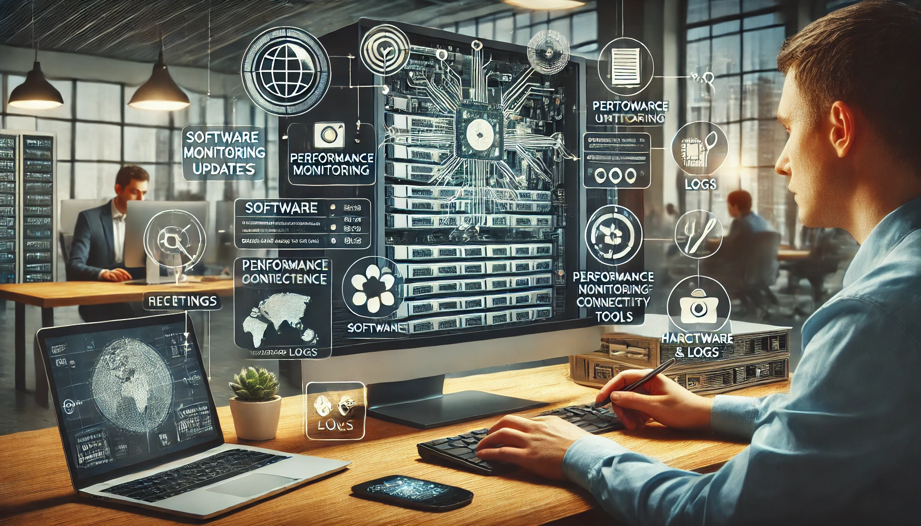 IT professional monitoring a central terminal server in a modern office, showing software updates, performance monitoring tools, and troubleshooting steps.