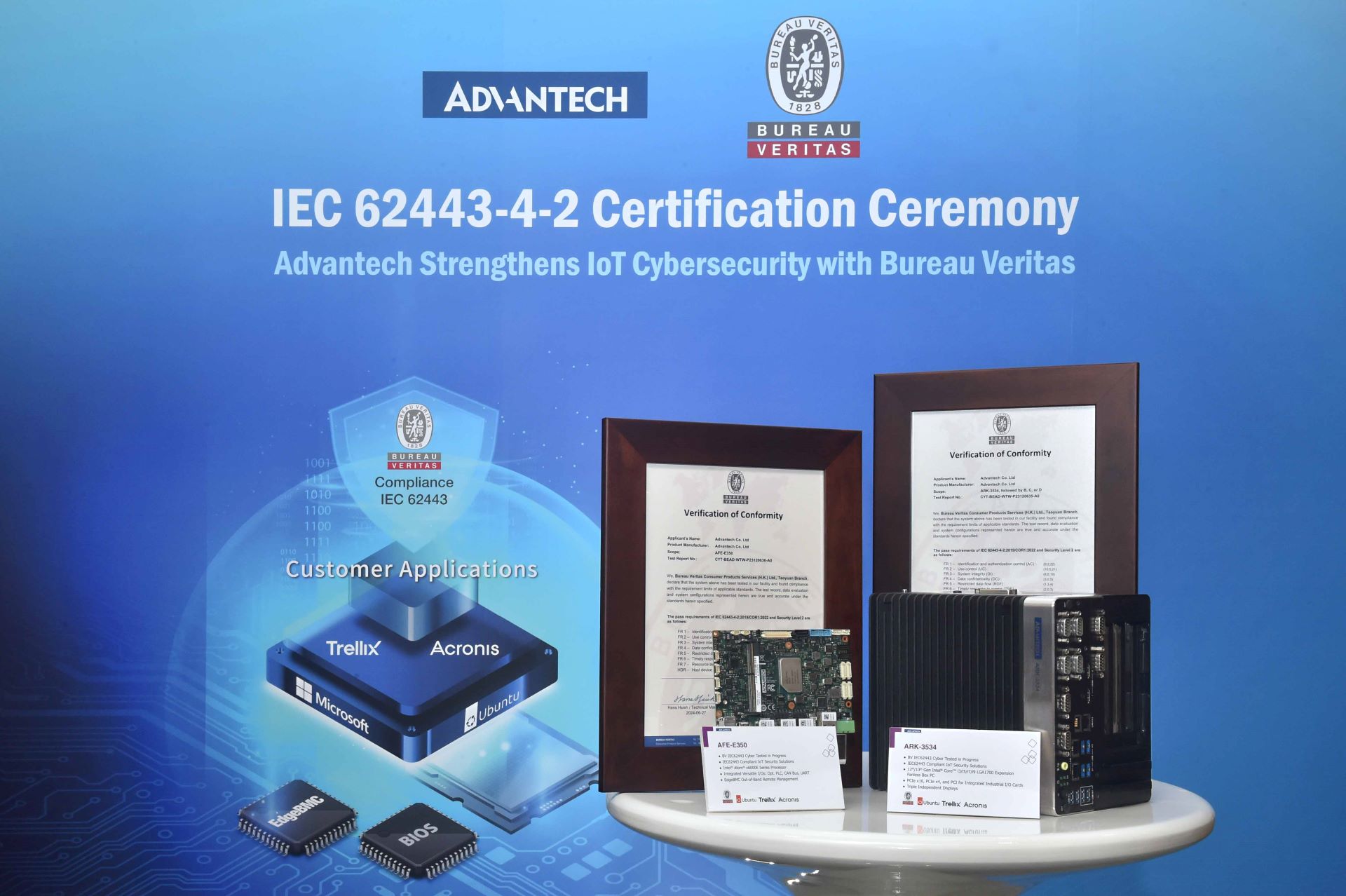 研華充電樁專用板 AFE-E350(左) 與工業自動化系統 ARK-3534 (右)取得 IEC 62443-4-2 資安認證_web