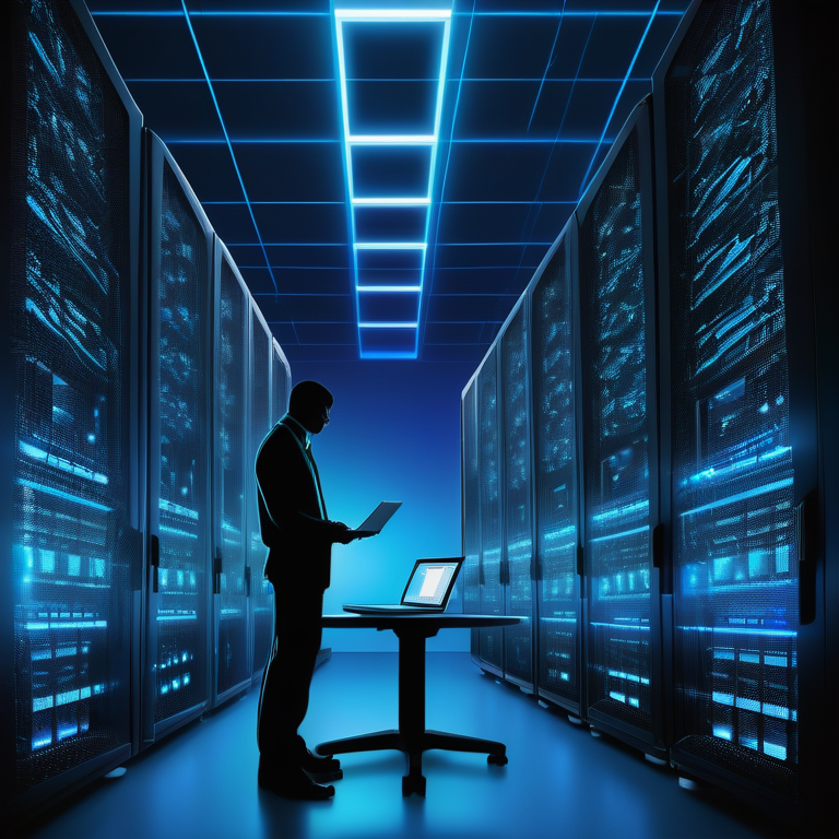 Silhouetted network engineer with a laptop managing a data center with glowing blue servers.