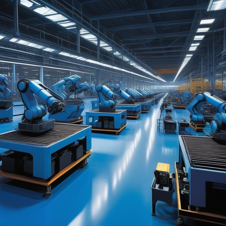 Robots and conveyors in an automated industrial setting with workers supervising.