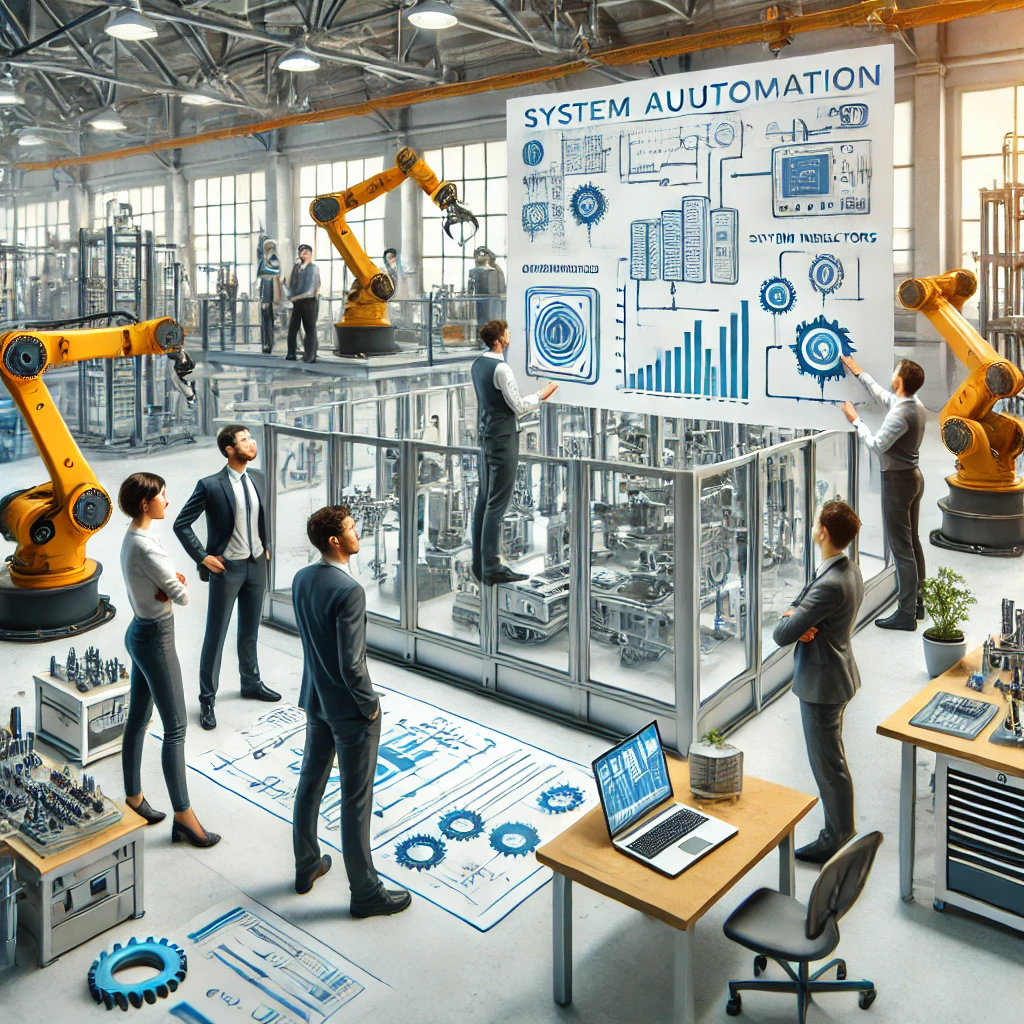 A team of professionals setting up an industrial automation system in a manufacturing facility. Engineers and system integrators collaborate and discuss plans. The environment includes various manufacturing equipment and robotic arms. Charts and diagrams show the automation process and system design, with a focus on flexibility and scalability. People are actively involved in the planning and installation stages, aiming to improve product quality and efficiency.