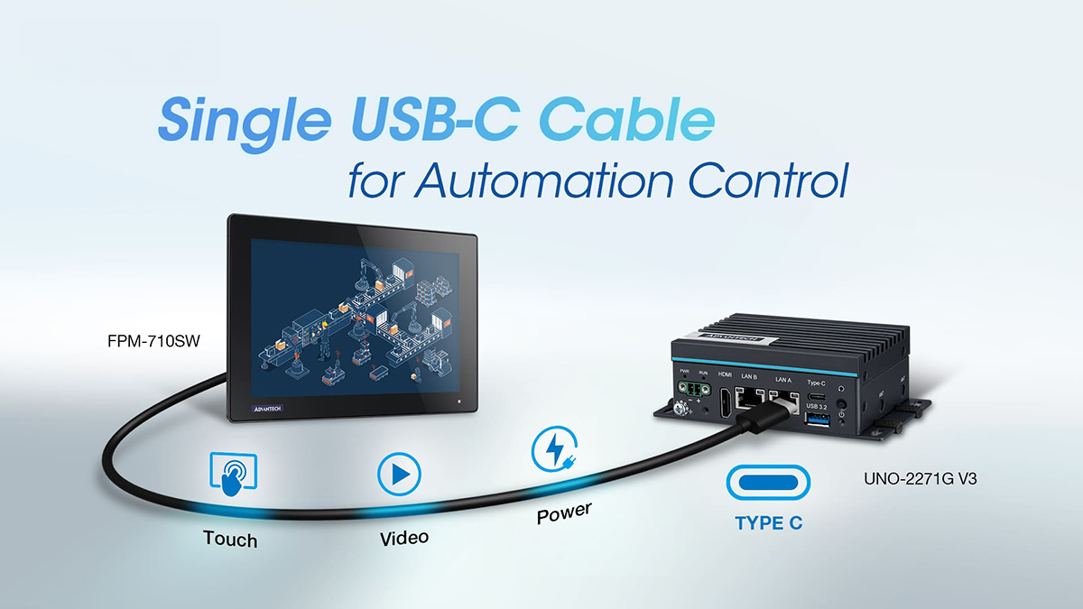 Advantech's single USB-C cable solution connects UNO-2271G V3 and FPM-710SW, enabling integrated touch, video, and power transmission for industrial automation control
