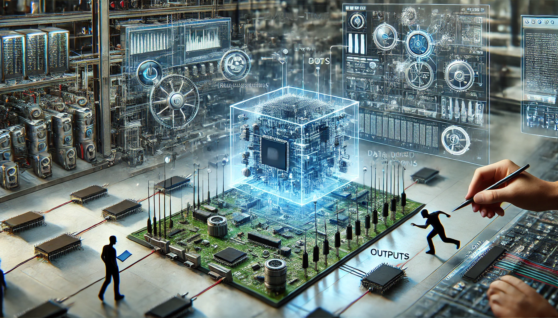 An embedded system in action, collecting data through sensors and user interactions. The system processes the data to control machine parts, display information, or communicate with other systems, operating in real-time within microseconds or milliseconds. The image features a high-tech environment with sensors, data processing elements, and output mechanisms.