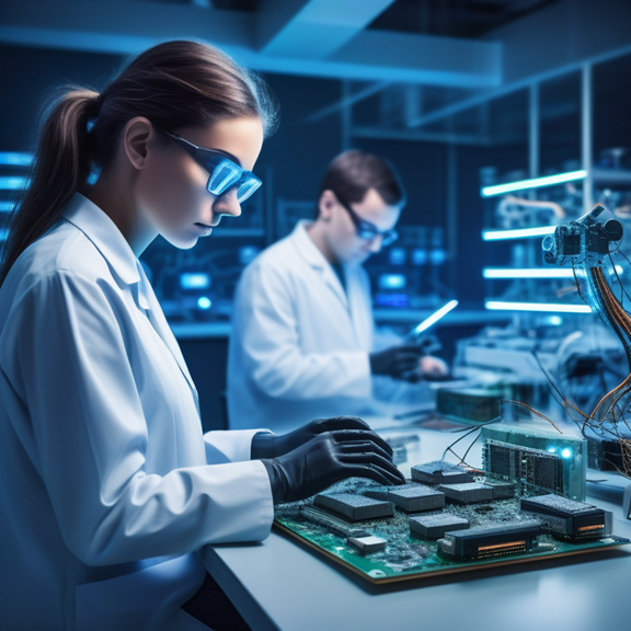 Engineer programming a microcontroller in a futuristic lab with glowing circuit boards and automated assembly arms.